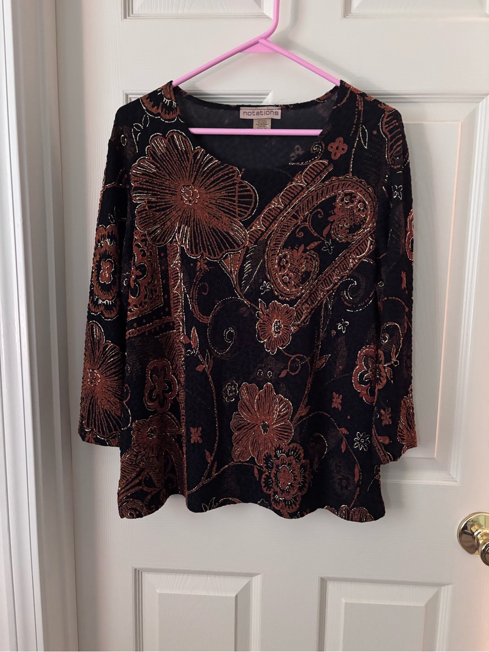 Notations Black Velvet Top with Copper Floral Motif